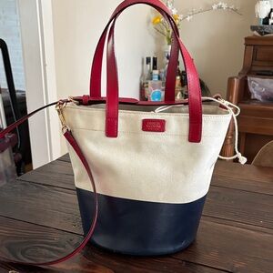 Frances Valentine Cream and Navy Tote with Red Accents